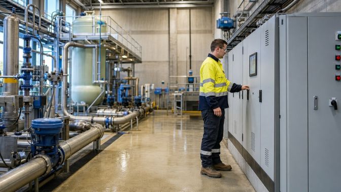 Kinetic Electrical Technician Inspecting Water Plant Controls