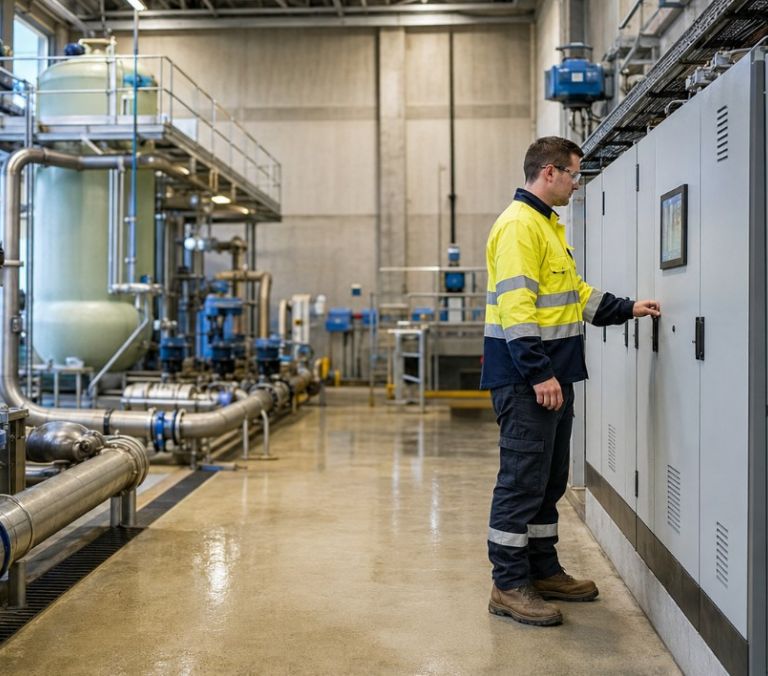Kinetic Electrical Technician Inspecting Water Plant Controls