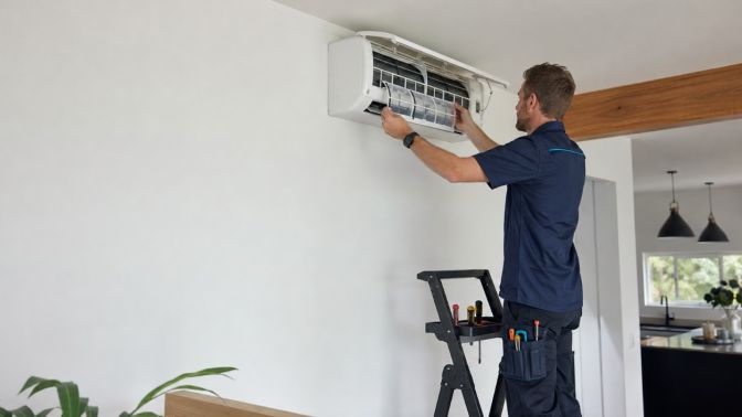 Kinetic Electrical technician servicing air conditioning unit NZ