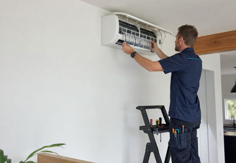 Kinetic Electrical technician servicing air conditioning unit NZ