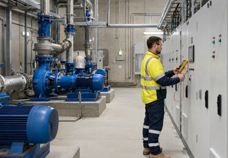 Kinetic Electrician checks wastewater pump controls