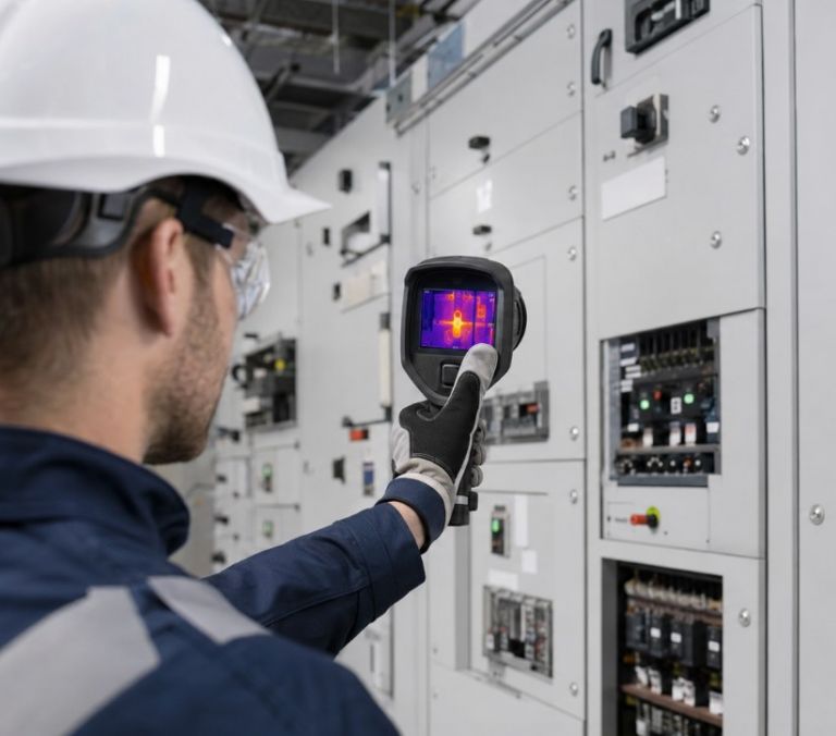Kinetic Electrician inspecting switchboard with thermal camera